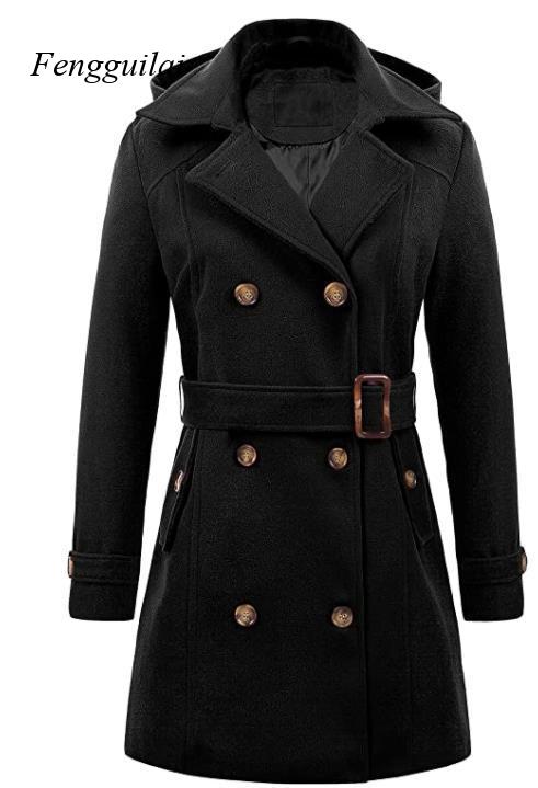 Wool Coat Peacoat - Kadın Siyah Kapüşonlu Kruvaze Yünlü Karışım